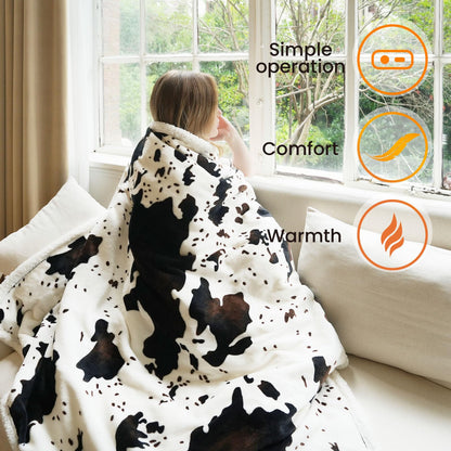 blunique Cow Print Heated Blanket Twin-Heating Electric Blanket Twin with 10 Heat Levels & 10 Hours Auto-Off, Cozy Soft Fleece Sherpa, Washable, 62 x 84 Inches Cow Print White