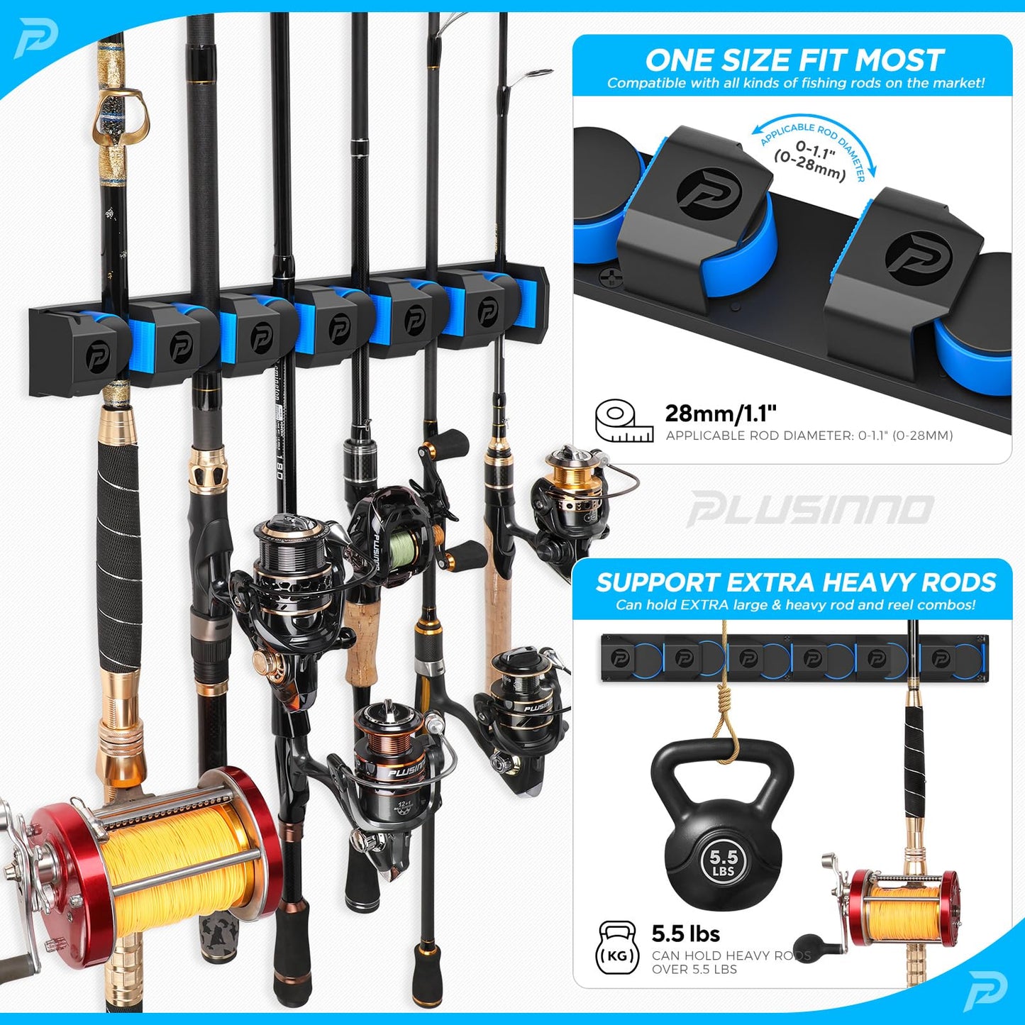 PLUSINNO Fishing Rod Holders - V6 Vertical Support for Extra Large & Heavy Fishing Rod Combos, Garage & Wall Mounted Rack Storage