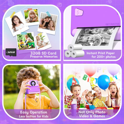 MindPal Kids Camera Instant Print, 1080P Digital Camera with 32GB Card, Portable with Lanyard, Instant Print Camera for Kids, for 3 4 5 6 7 8 9 Year Old Girls Boys Kids