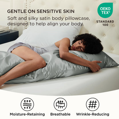 Bedsure Satin Body Pillow Pillowcase - Similar to Silk Body Pillow Cover Case with Envelope Closure,Cooling and Silky Long Pillowcase for Hair and Skin,Grey,20x54 Inches