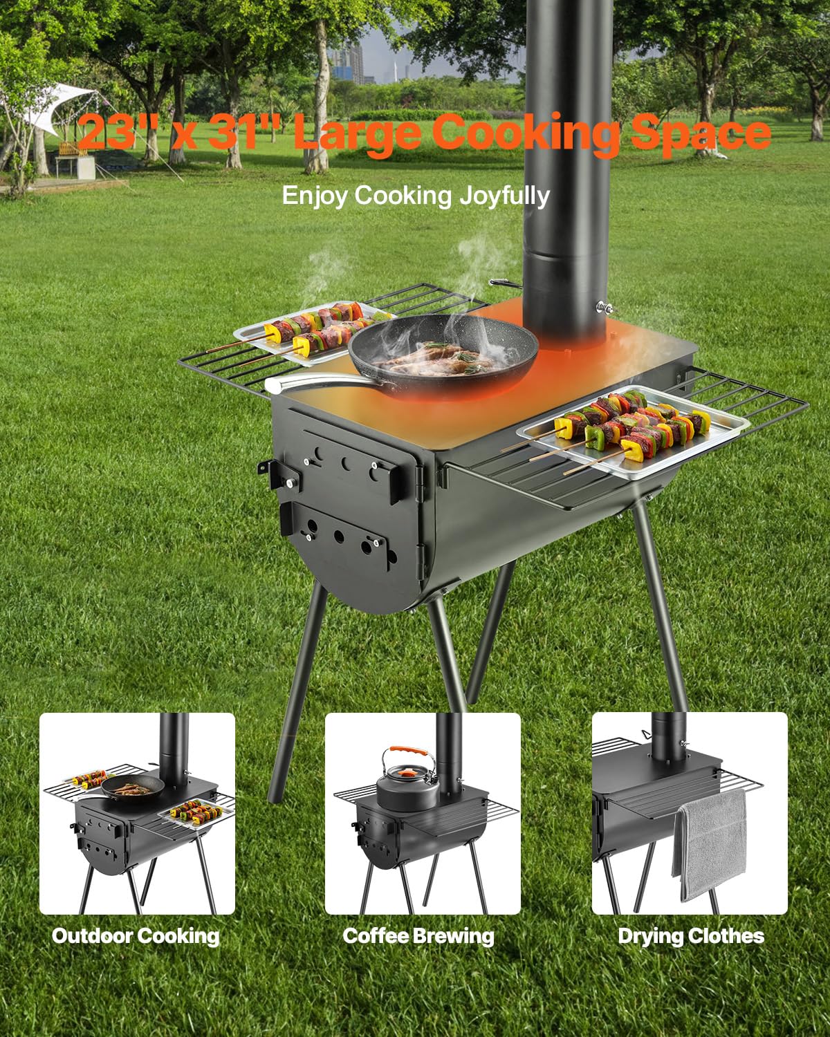VEVOR 118" Camping Wood Stove, Portable Alloy Steel Tent Stove with 3000in³ Firebox, Outdoor Heating & Cooking Stove with Chimney Pipes & Gloves, Includes 8 Pipes for Efficient Heating