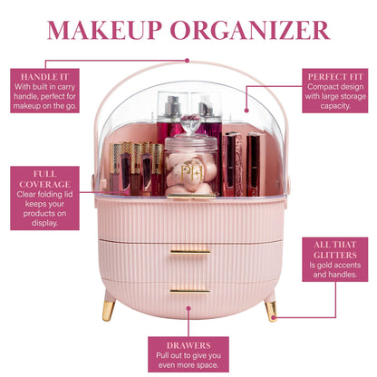 Paris Hilton Makeup Storage Organizer with Lid, Cosmetics and Skincare Organizer for Vanity, Portable Makeup Storage Box for Countertop, Top Gift Item, Fluted Design with Gold Accents, Pink