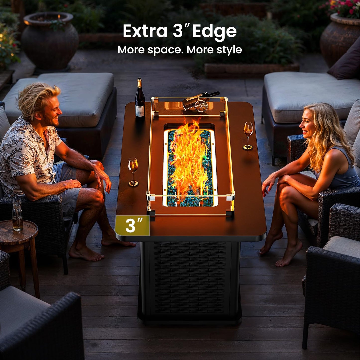 Ciays 43-Inch Rectangular Propane Fire Pit with 60,000 BTU Output, Fire Pit Table CSA-Certified Premium Gas for Outside Patio with 304 Stainless Steel H-Burner, Glass Stones, and Wind Guard,Black