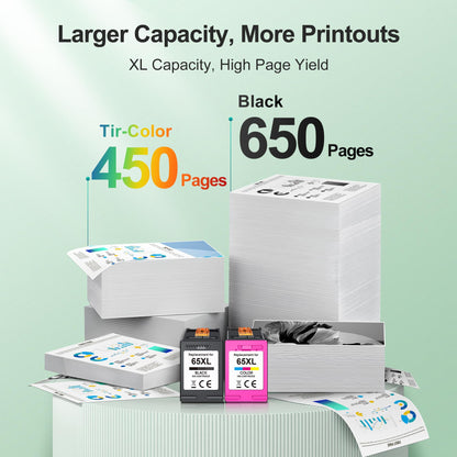 65XL Black/Tri-color Ink Cartridges (2-pack) for HP Ink 65 65XL High Yield Work for HP DeskJet 3755, 3772, 3722, 3752, 3700 Series; 2622, 2652, 2600 Series; Envy 5055, 5052, 5014, 5000 Series T0A36AN