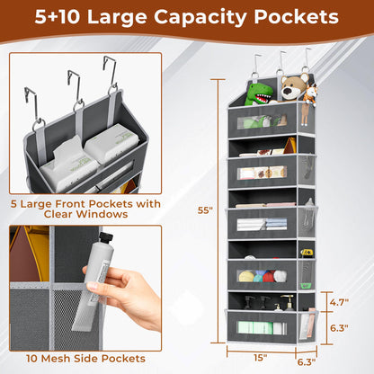2 Packs 5-Tier Over the Door Organizer with 10 Side Mesh Pockets, 48 lbs Load Capacity, 3 Hooks Design, Hanging Storage Organizer with Clear Windows for Bathroom, Bedroom, Nursery, Kitchen-Grey