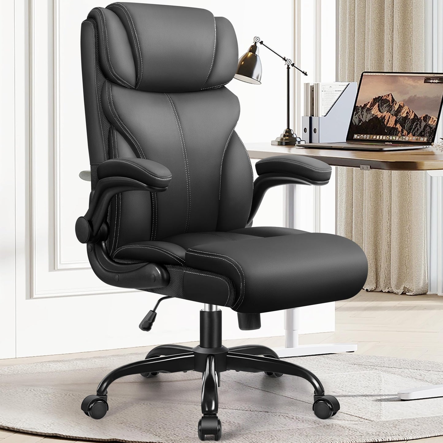 HeroSet Office Chair, Ergonomic Big and Tall Computer Desk Chairs, Executive Breathable Leather Chair with Adjustable High Back Flip-up Armrests, Lumbar Support Swivel PC Chair with Rocking Function