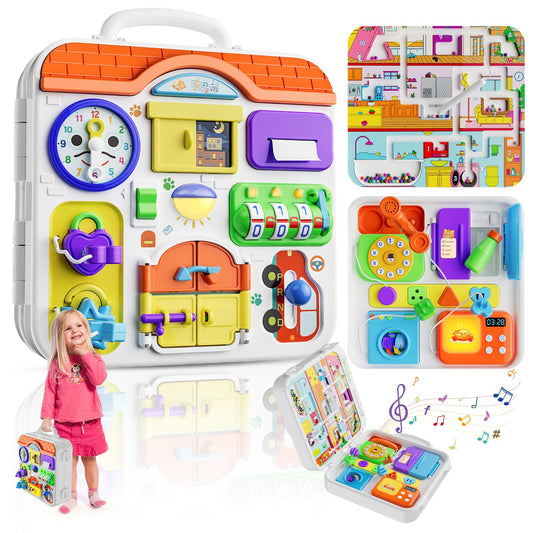 Montessori Toys for 1-2 Year Old Girl Boy Gifts, 15-in-1 Musical Busy Board, Birthday Gift for 1 Year Old Boy Girl, Educational Toddler Toy Age 1-2