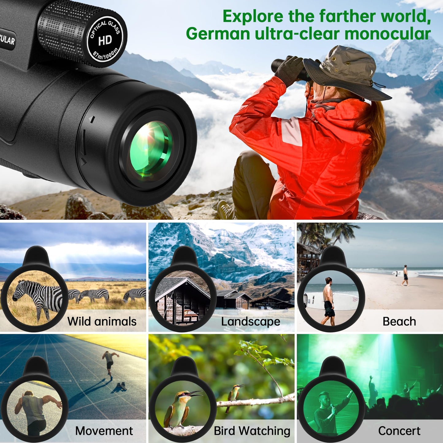80x100 Monocular Telescope High Powered for Smartphone High Definition Monoculars for Adults with Adapter/Tripod for Bird Watching Hiking Hunting Camping Traveling Outdoor Wildlife-2025 Update