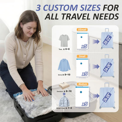 Cozy Essential Travel Vacuum Storage Bags with Rechargeable Cordless USB Pump, Space Saver Bags for Luggage, Suitcase, Carry-On, for Clothes, Blankets, Bedding & Seasonal Storage,15 Combo