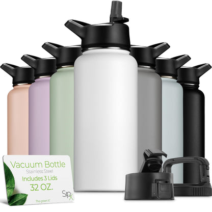 SipX™ Triple-Insulated Stainless Steel Water Bottle 32oz. With 3 Lids, BPA-Free Reusable Insulated Water Bottle Keeps Cold 24 Hours, Metal Water Bottle Made Of Sustainable Material For Hiking & Biking