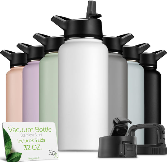 SipX™ Triple-Insulated Stainless Steel Water Bottle 32oz. With 3 Lids, BPA-Free Reusable Insulated Water Bottle Keeps Cold 24 Hours, Metal Water Bottle Made Of Sustainable Material For Hiking & Biking