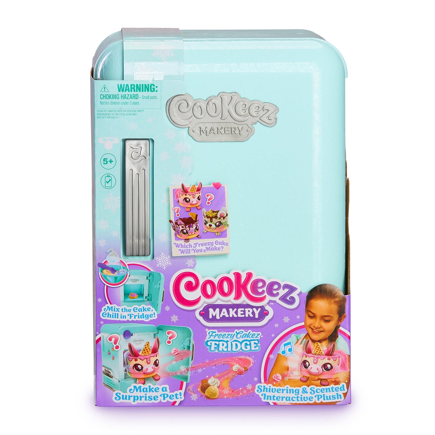 Cookeez Makery Freezy Cakez. Mix & Decorate Your Plush Best Friend! Place Your Cake Mix in The Freeze and Be Amazed When A Scented, Shivering, Interactive Plush Friend Comes Out. Styles May Vary