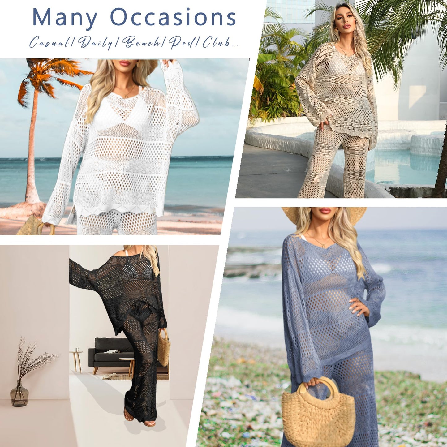 Famulily Women Bathing Suit Cover Up Solid Color Crochet Sets Crochet Long Sleeve Top Hollow Out Beach Cover Up Loungewear Set Khaki S