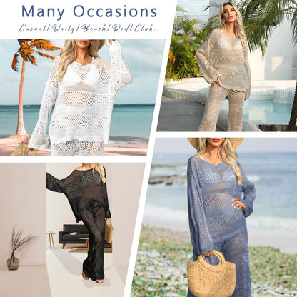 Famulily Women Bathing Suit Cover Up Solid Color Crochet Sets Crochet Long Sleeve Top Hollow Out Beach Cover Up Loungewear Set Khaki S