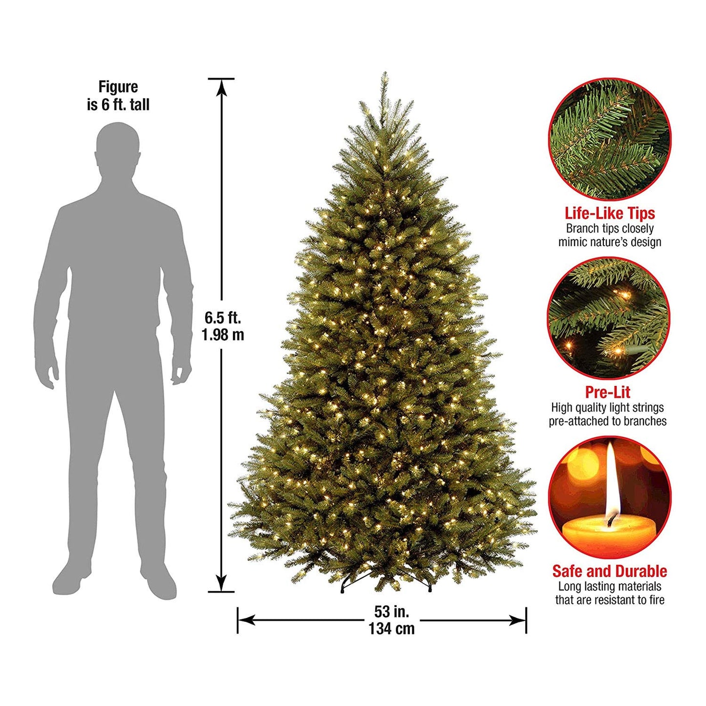 National Tree Company 6.5 ft Pre-Lit Dunhill Fir Artificial Christmas Tree, 650 Clear Lights, 1,838 Tips, Includes Stand, Green