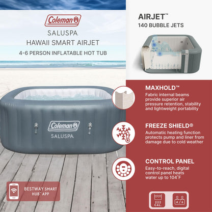 Coleman SaluSpa AirJet 4 to 6 Person Inflatable Hot Tub Square Portable Outdoor Spa with 114 Soothing AirJets and Insulated Cover, Gray