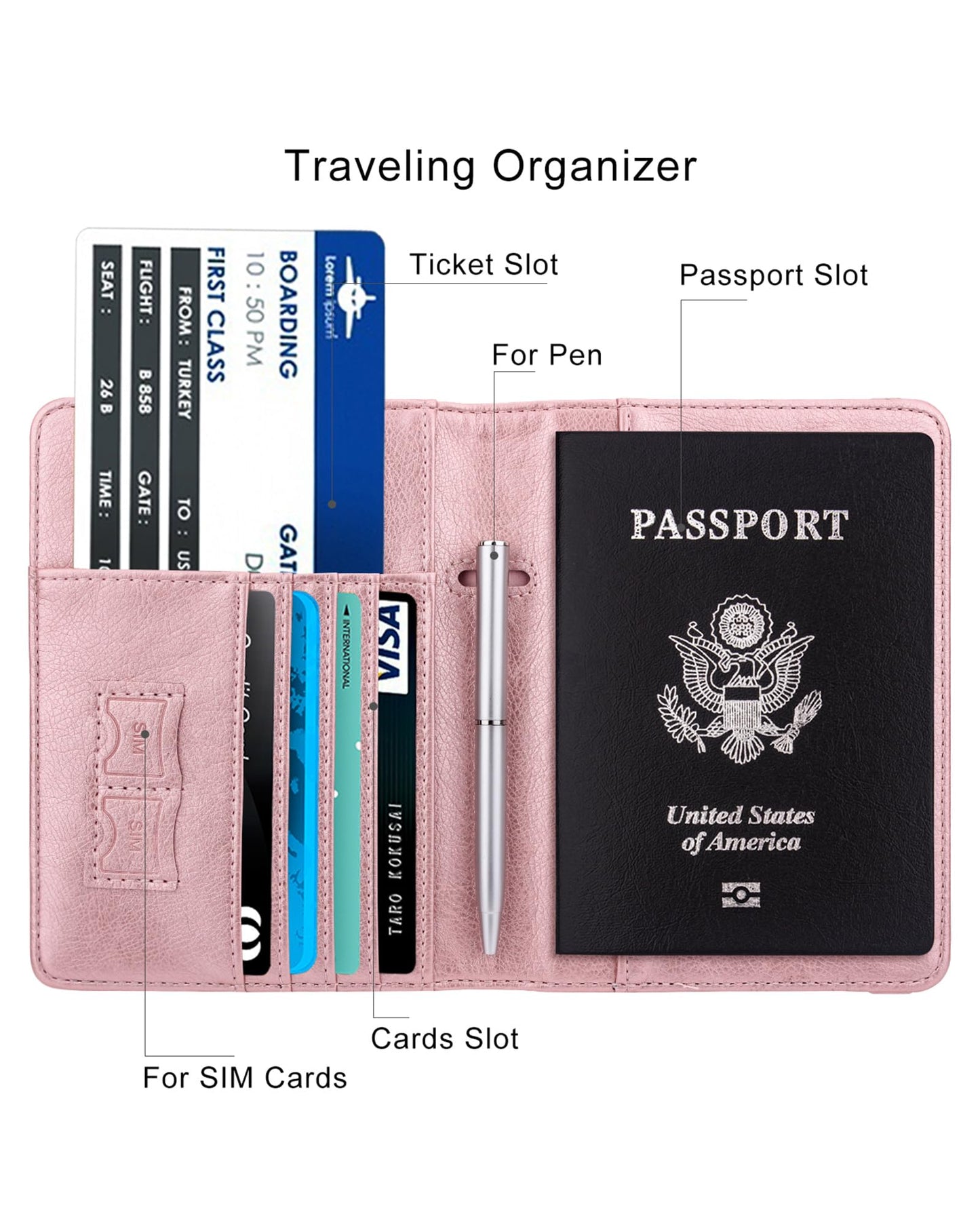 WALNEW Passport Holder for Travel, RFID Passport Cover Wallet for Women Men, PU Leather Passport Book Card Holder Case with Pen (Elastic Band Closure, A-Rosegold)