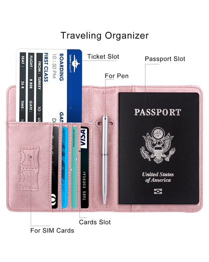 WALNEW Passport Holder for Travel, RFID Passport Cover Wallet for Women Men, PU Leather Passport Book Card Holder Case with Pen (Elastic Band Closure, A-Rosegold)