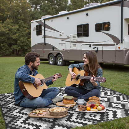 GENIMO Outdoor Rug Waterproof 5x8 ft, Lightweight Plastic Straw Rugs, Outside Reversible Area Mat Carpet for Patio, Camping, RV, Deck, Balcony, Porch, Backyard, Black & White