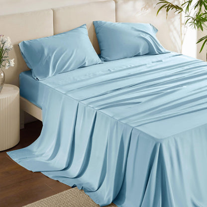 Bedsure Queen Sheet Set, Cooling Sheets for Queen Size Bed Set, Rayon Derived from Bamboo, Breathable & Soft Deep Pocket Up to 16 Inches, Hotel Luxury Silky Bedding, Bedsheet & Pillowcases, Teal Blue