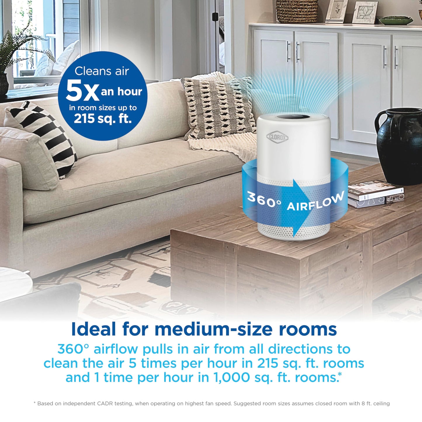 Clorox Turbo Air Purifiers for Home, True HEPA Filter, Quickly Cleans Medium Rooms Up to 1,000 Sq Ft, Reduces 99.9% of Mold, Viruses, Wildfire Smoke, Allergens, Pet Allergies, Dust, Whisper Quiet