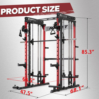 RitFit M1 Smith Machine with Cable Crossover System, Multi-Function Squat Rack Power Cage for Home Gym, Power Rack and Packages with Olympic Barbell Weight Set, Weight Bench, Olympic Bar and More