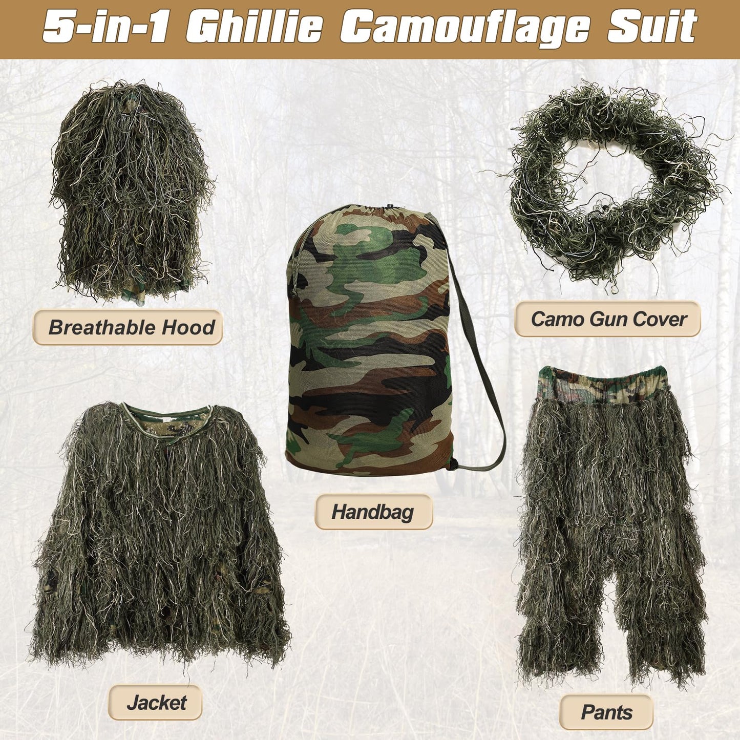 Ghillie Suit for Men, 5 in 1 Ghillie Suit Superior Camo Hunting Clothes for Men/Kids/Youth Hunters, Military, Sniper Airsoft and Paintball