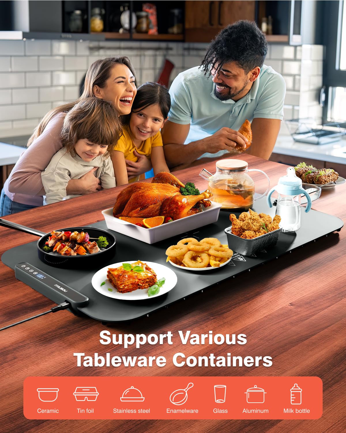 Food Warming Mat, iTRUSOU Silicone Electric Warming Tray with 7 Temp-Settings, 1-8Hr Auto Shut-Off, Switchable Fahrenheit/Celsius, Upgrade Strap Keep Food Warm at Buffet, Party, Sabbath, Daily Use