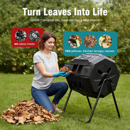 OLIXIS Compost Bin Outdoor 43 Gallon, Dual Chamber Composter Tumbler Outdoor with Gloves, Efficient 360°Rotating Composting Bin for Patio, Lawn, Home Gardening and Landscape, Black