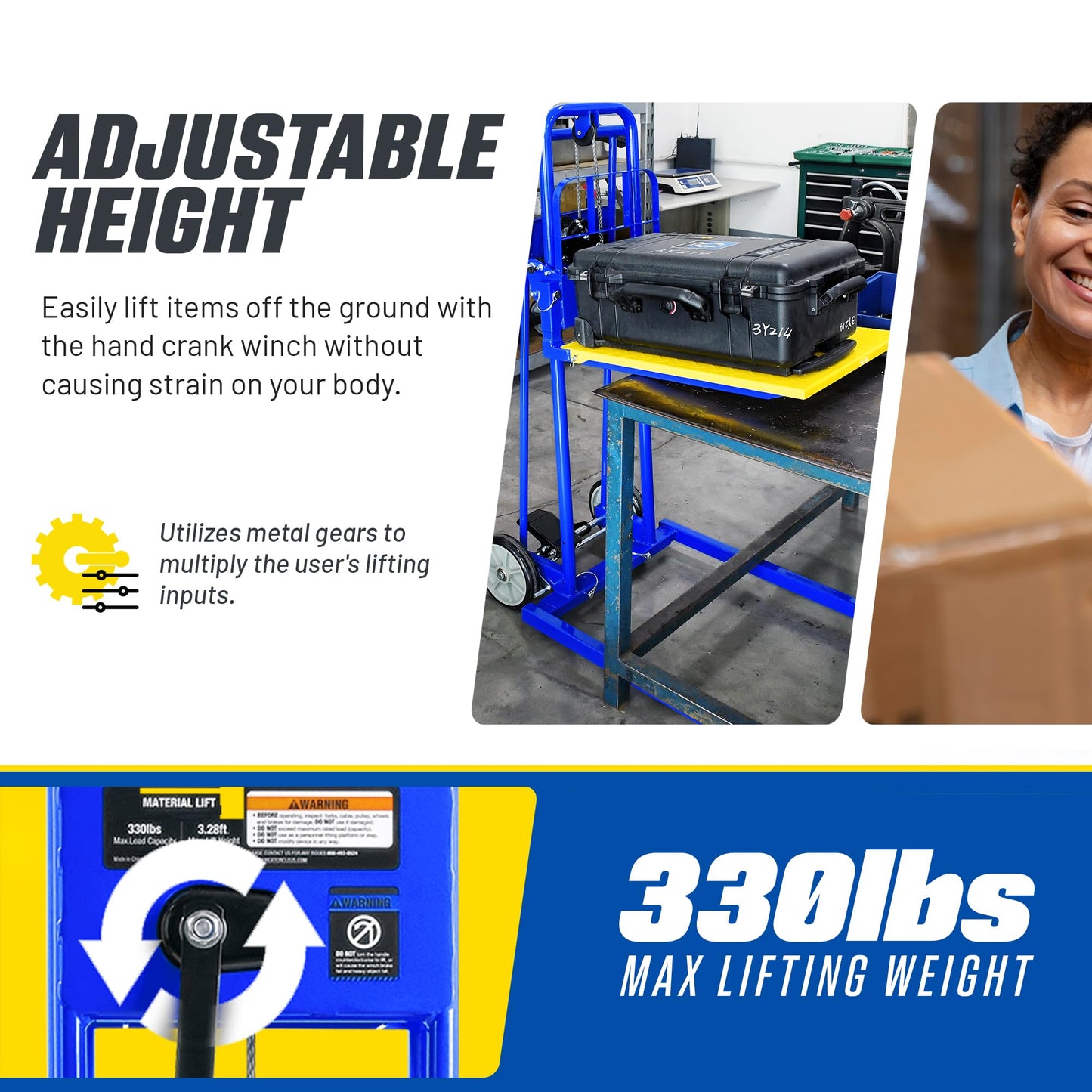 Goodyear Material Lift Winch Stacker, Pallet Truck Dolly, 330 Lbs 40" Max Lift w/ 8" Wheels, Swivel Casters [Patent Pending]