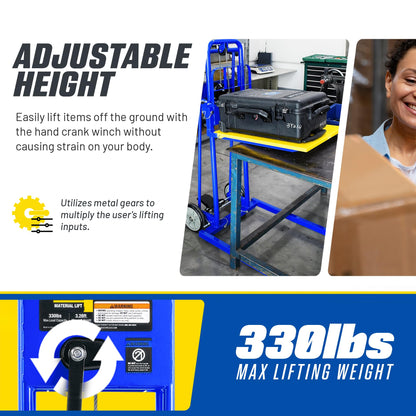 Goodyear Material Lift Winch Stacker, Pallet Truck Dolly, 330 Lbs 40" Max Lift w/ 8" Wheels, Swivel Casters [Patent Pending]