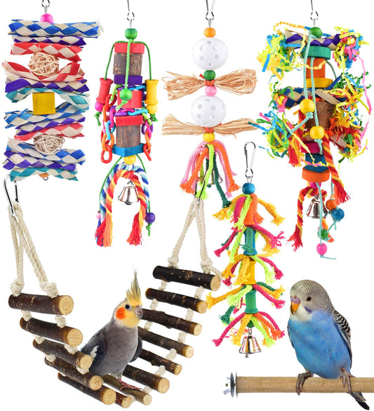 KATUMO Bird Toy Set, 7 PCS Small Bird Toys for Parrot, Including Wooden Ladder, Chewing Toys, Perch - Pet Activity Structure for Indoor, Outdoor, Climbing, Entertainment