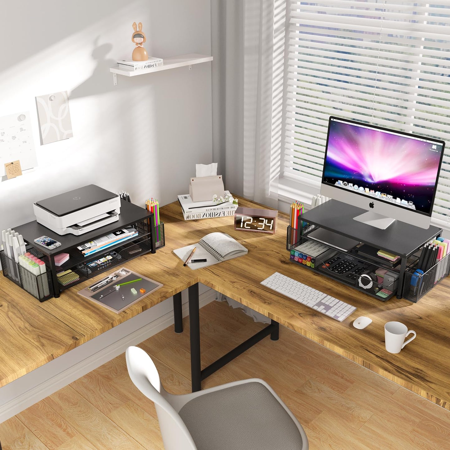 OPNICE Desk Organizer and Accessories, 2-Tier Computer Monitor Stand Riser with Drawer and 2 Pen Holders, Office Desk Accessories for Office Supplies, Black