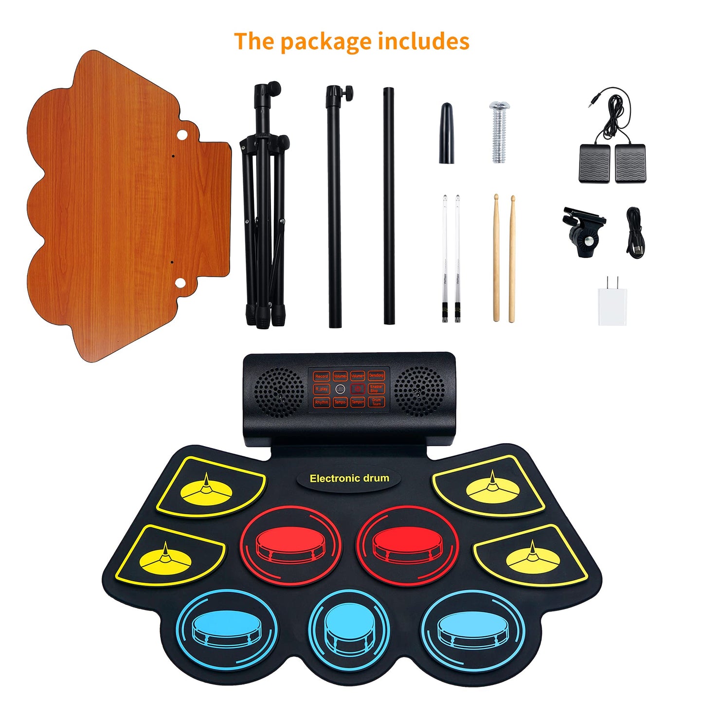 Electric Drum Set for Kids, Electronic Drum Pad with Light Up Drumsticks and Drum Stand, Bulit-in Double Speakers and Rechargeable Battery, Kids Drum Set with LED Drumsticks, 9 Pads Digital Drum Kit