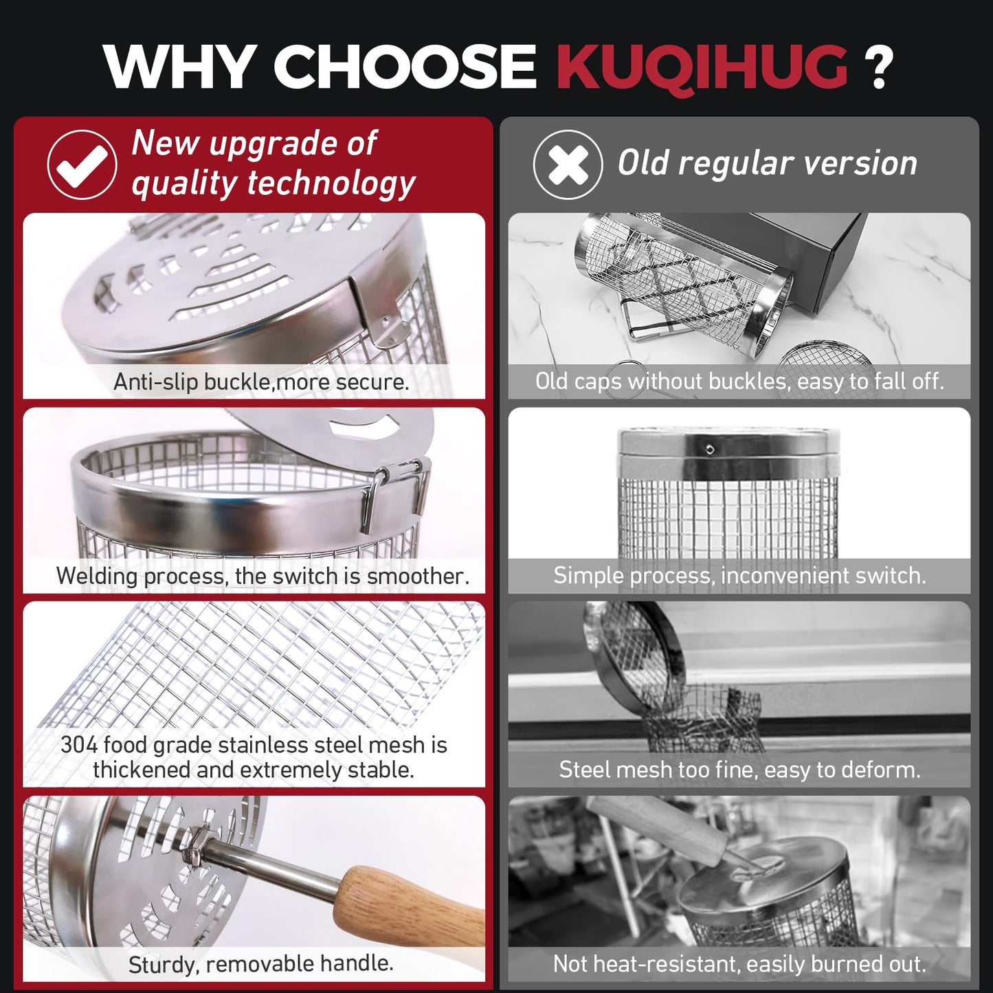 Rolling Grill Basket(2PCS), Removable Wooden Handle, 304 Stainless Steel, Grilling Accessories Tools for Vegetables Meat Food, Outdoor Camping Grilling, Birthday Gifts for Men Husband Men