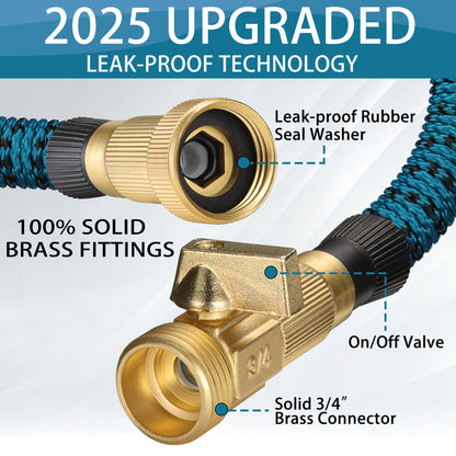 Expandable Garden Hose 25 ft - 2025 New Flexible Water Hose with 10 Pattern Spray Nozzle, 3/4 Solid Brass Connectors, Lightweight Expanding Hoses(Blue Black)
