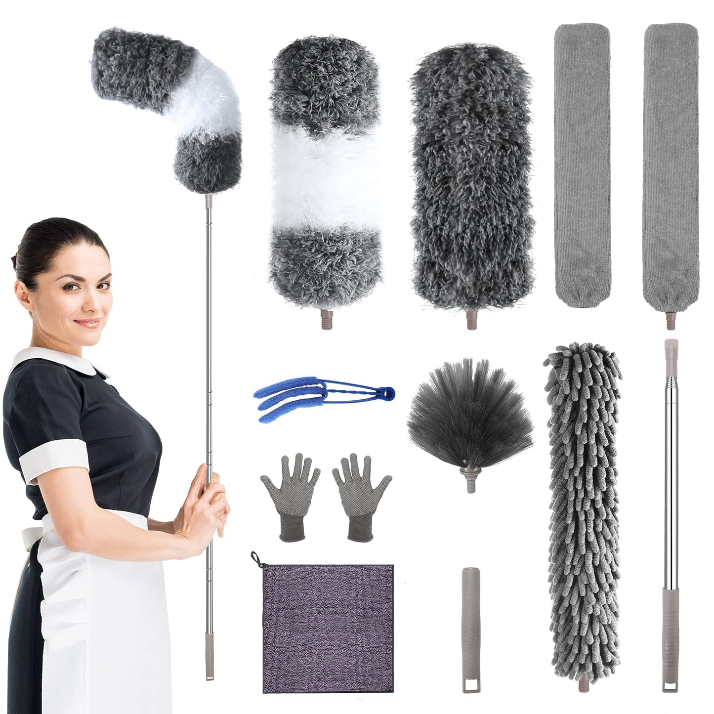 Microfiber Feather Duster with Extension Pole 30 to 100 inches, Reusable,Bendable, Washable Dusters for Cleaning Ceiling Fan, High Ceiling, Blinds, Furniture & Cars, 12PCS