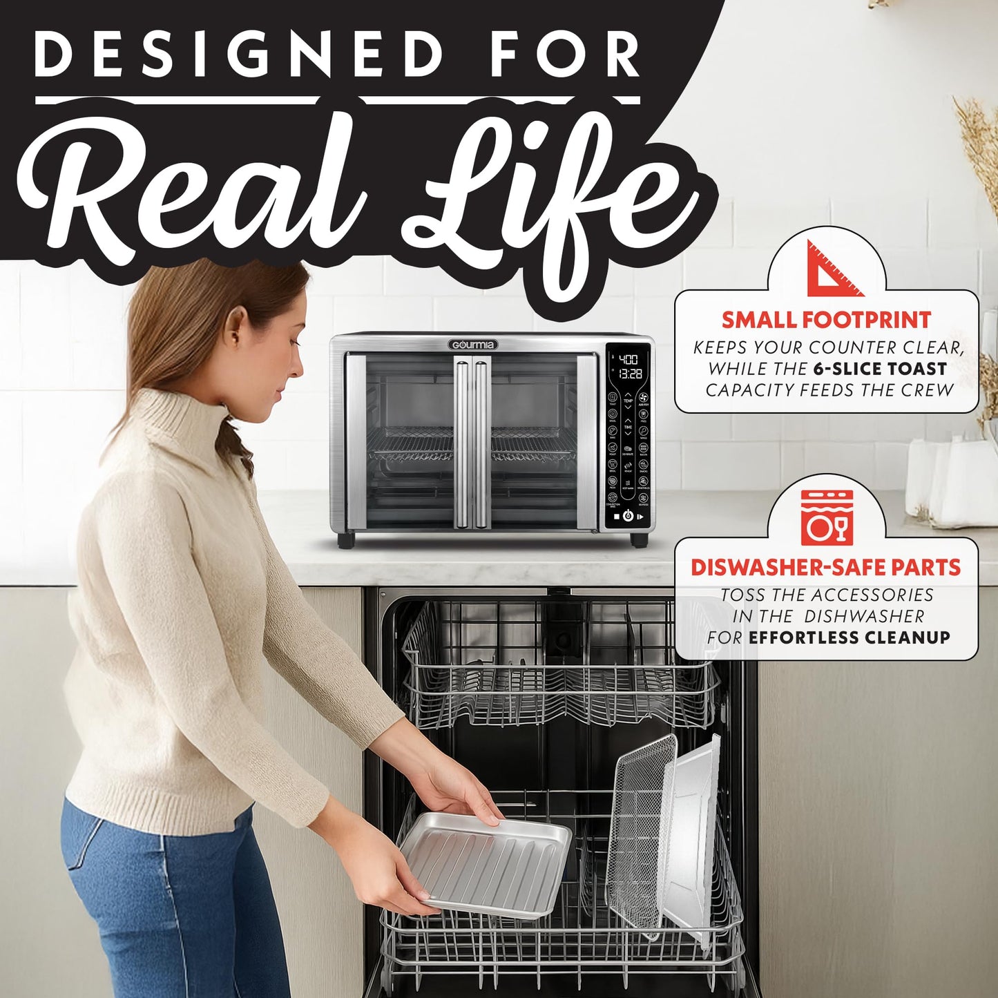 Gourmia French Door Air Fryer – 25 Qt Large Capacity Convection Oven, Fryfroce 360°, Digital Display with 17 Cooking Presets, Bake, Toast, Roast, Dehydrate, Fits 12” Pizza