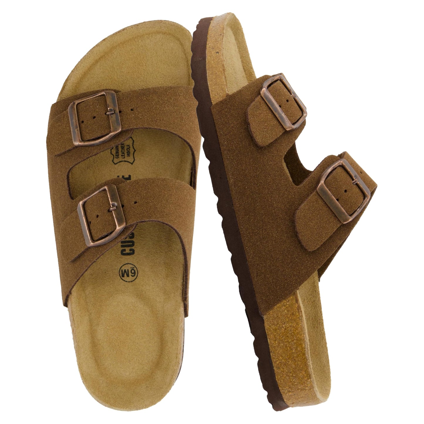 CUSHIONAIRE Lane Cork Footbed Sandals for Women – Comfortable Double Buckle Slip-On with Genuine Suede Footbed & Arch Support Slides for Women Footwear, BROWN 9W