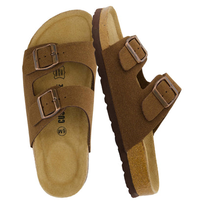 CUSHIONAIRE Lane Cork Footbed Sandals for Women – Comfortable Double Buckle Slip-On with Genuine Suede Footbed & Arch Support Slides for Women Footwear, BROWN 9W