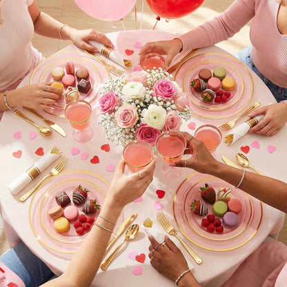 WELLIFE 210Pcs Clear-Pink Plastic Dinnerware- Pink and Gold Plastic Dinnerware include 30 Dinner Plates, 30 Dessert Plates, 90 Gold Silverware, 30 Cups and 30 Napkins Perfect for Parties
