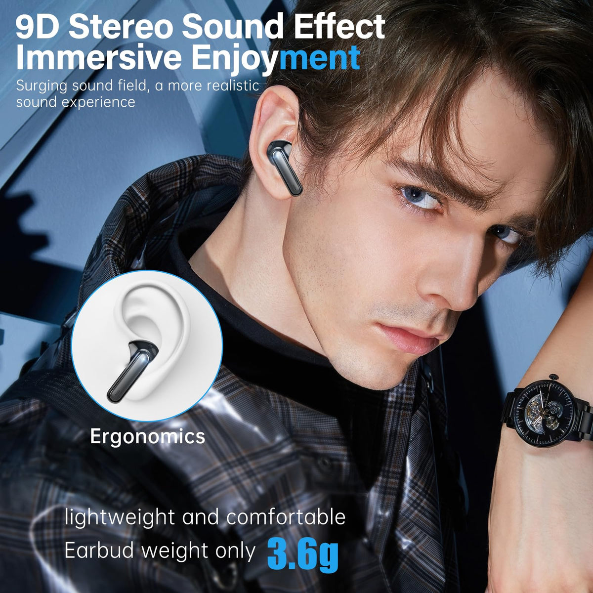 Sisism A10 Pro Wireless Earbuds, Bluetooth 5.3 Headphones HiFi Stereo 50H Playback LED Digital Display Ear Buds with ENC Noise Canceling Headset, IPX7 Waterproof Earphones for Gym/Running/Work - Black