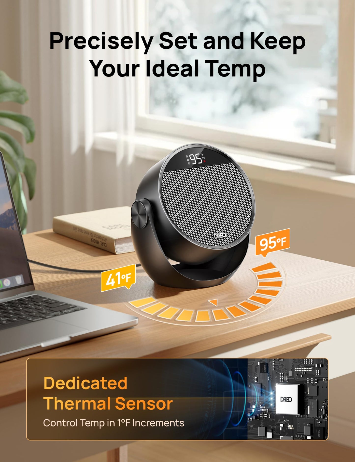 Dreo Space Heater 1500W, 60° Adjustable Tilt, 10.5ft/s Portable Electric Heaters for Indoor Use with Thermostat, 8 Safety Protections, 3 Modes, Remote, Quiet Desk Heater for Bedroom, Office, Black