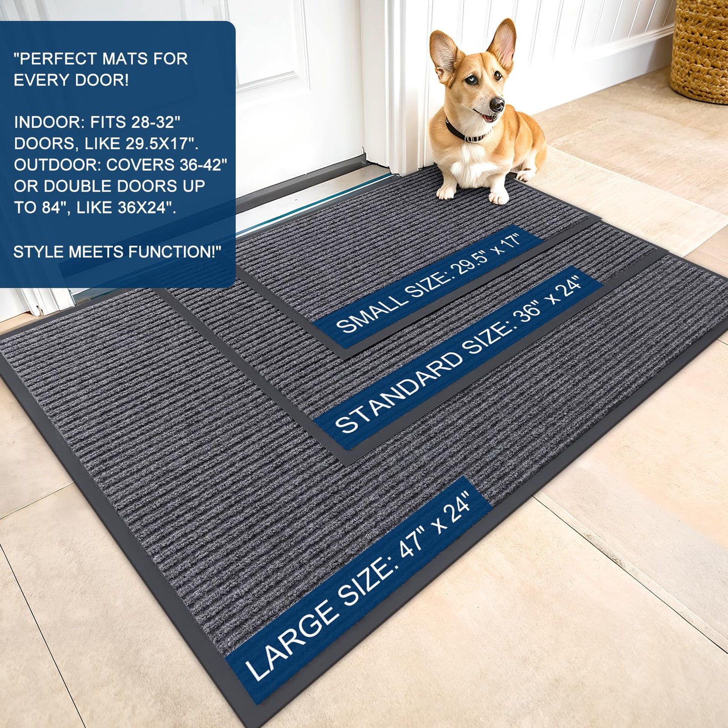 OLANLY Front Door Mat Indoor Outdoor Entrance, 2-Pack 29.5 x 17 Inch, Waterproof Heavy Duty Doormat, Fade Resistant, Low Profile, Easy Clean Patio Porch Welcome Floor Mats for Entry, Grey