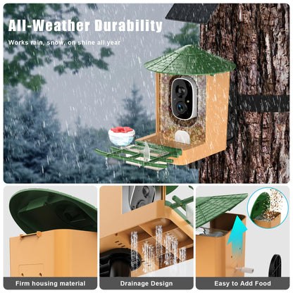 Smart Bird Feeder with Camera with AI Identify Birds Species & Solar Panel, WiFi Birdfeeder with Cam, 2K Live View, Chew-Proof & Waterproof Design, Real-Time App Alerts, Gift for Bird Lovers, Green