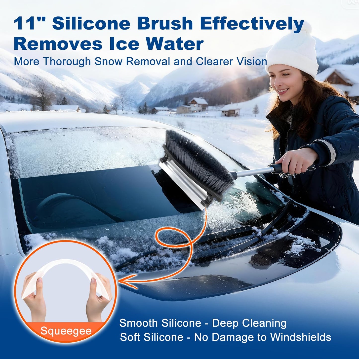 72" Extendable Long Snow Brush with Ice Scraper for Car Truck SUV Van - Soft Squeegee with 270° Pivoting Brush Head for Windshield Window - Snow Scraper & Antifreeze Gloves for Car Winter Accessories