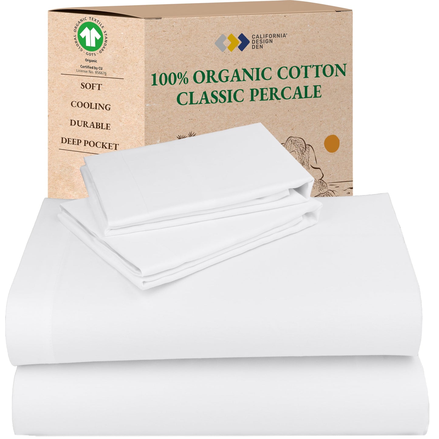 California Design Den King Size Sheets Set - Soft 100% Organic Cotton, Crisp Percale Sheets with Deep Pockets, Breathable and Durable Bedding Set - White