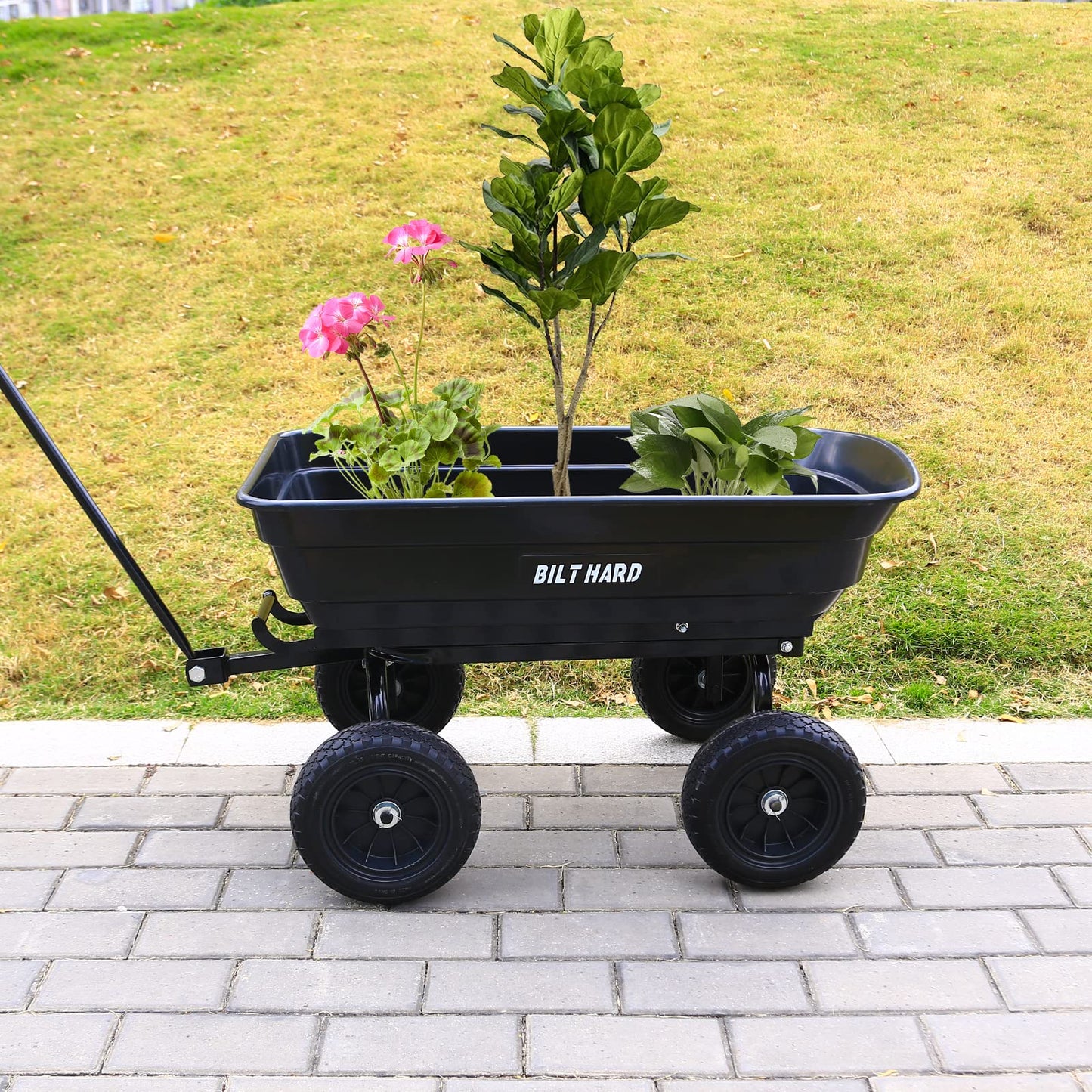 BILT HARD 4 Cu.Ft. 10" No-Flat Tires Poly Yard Dump Cart with 180° Rotating Handle, 600 lbs Capacity Heavy Duty Garden Carts and Wagons