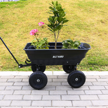 BILT HARD 4 Cu.Ft. 10" No-Flat Tires Poly Yard Dump Cart with 180° Rotating Handle, 600 lbs Capacity Heavy Duty Garden Carts and Wagons