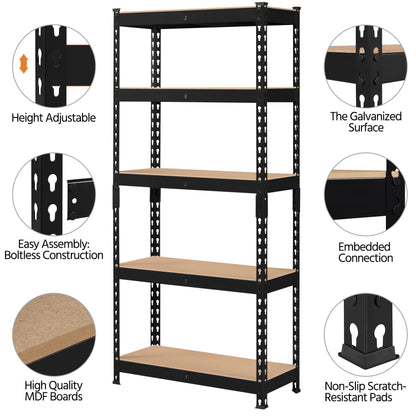 Topeakmart 5-Tier Utility Shelves, Metal Storage Shelves, Adjustable Shelving Units, Boltless Assembly, Garage Shelves Shed Shelving for Warehouse Garage Shed Basement- Black, 27.5 x 12x 60 Inch